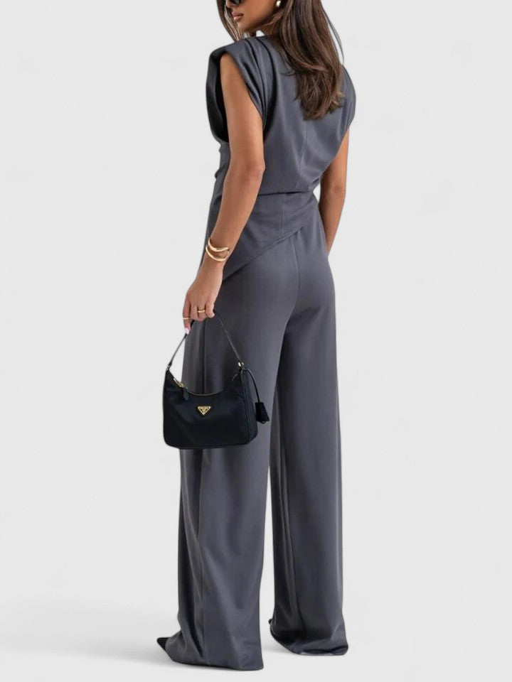 Relaxed fit wide leg trousers and sleeveless top outfit in soft tones
