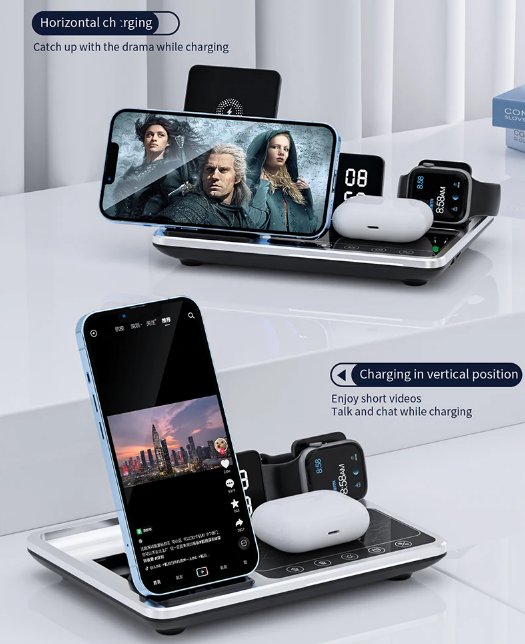 Portable tech accessories charging station neatly organizing phone, watch, and earbuds together