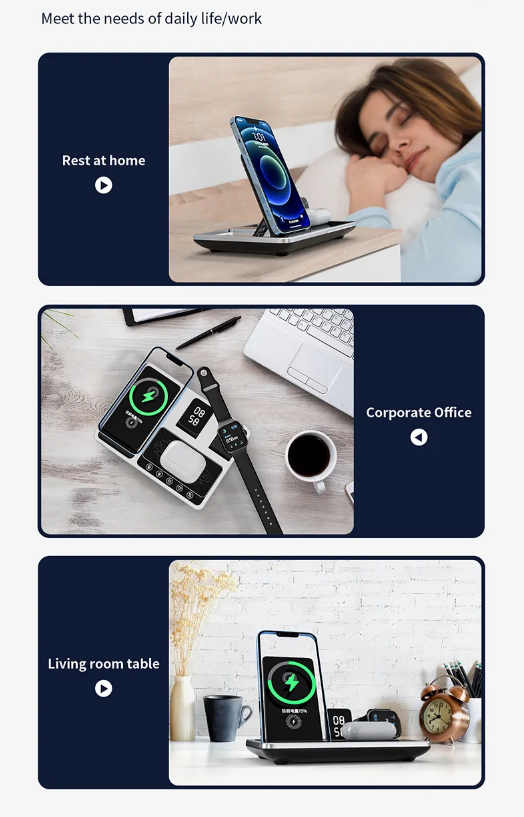 Overhead flat lay of the fast desk charger powering gadgets efficiently on a wooden desktop