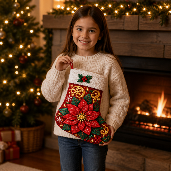 Smiling child holding a festive Christmas Poinsettia diamond painting stocking by a cozy fireplace.