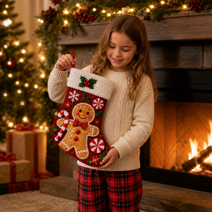 DIY diamond painting Christmas stocking craft kit showing festive holiday design details