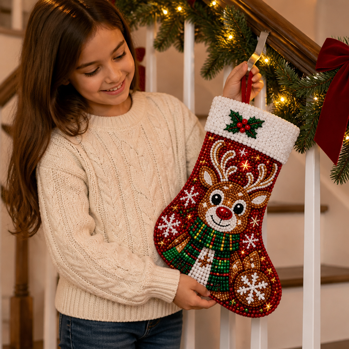 Handmade Christmas decor stocking displayed flat to show the full diamond painting pattern