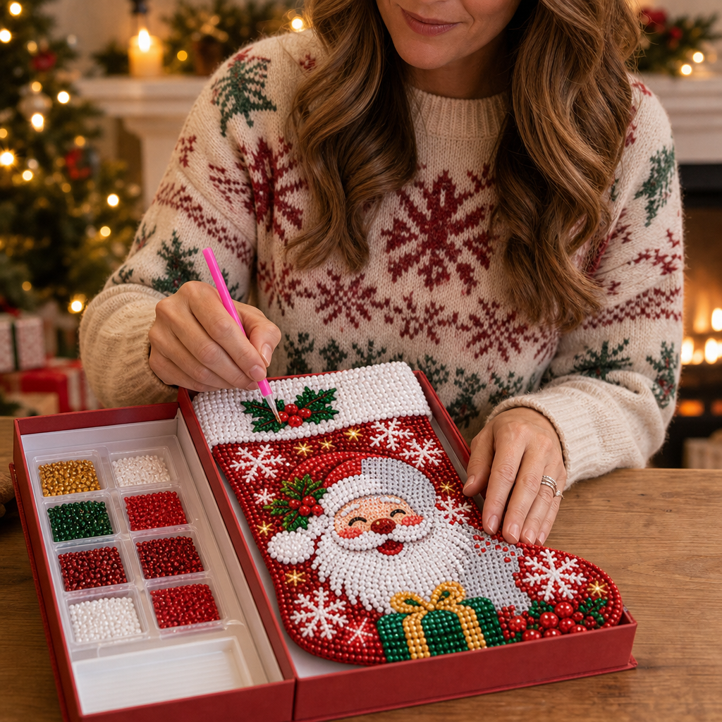 Step-by-step holiday craft kit materials laid out for diamond painting Christmas stocking