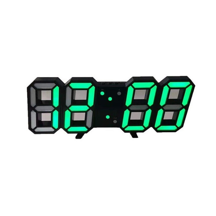 Green LED digital 3D wall clock on display showing time digits