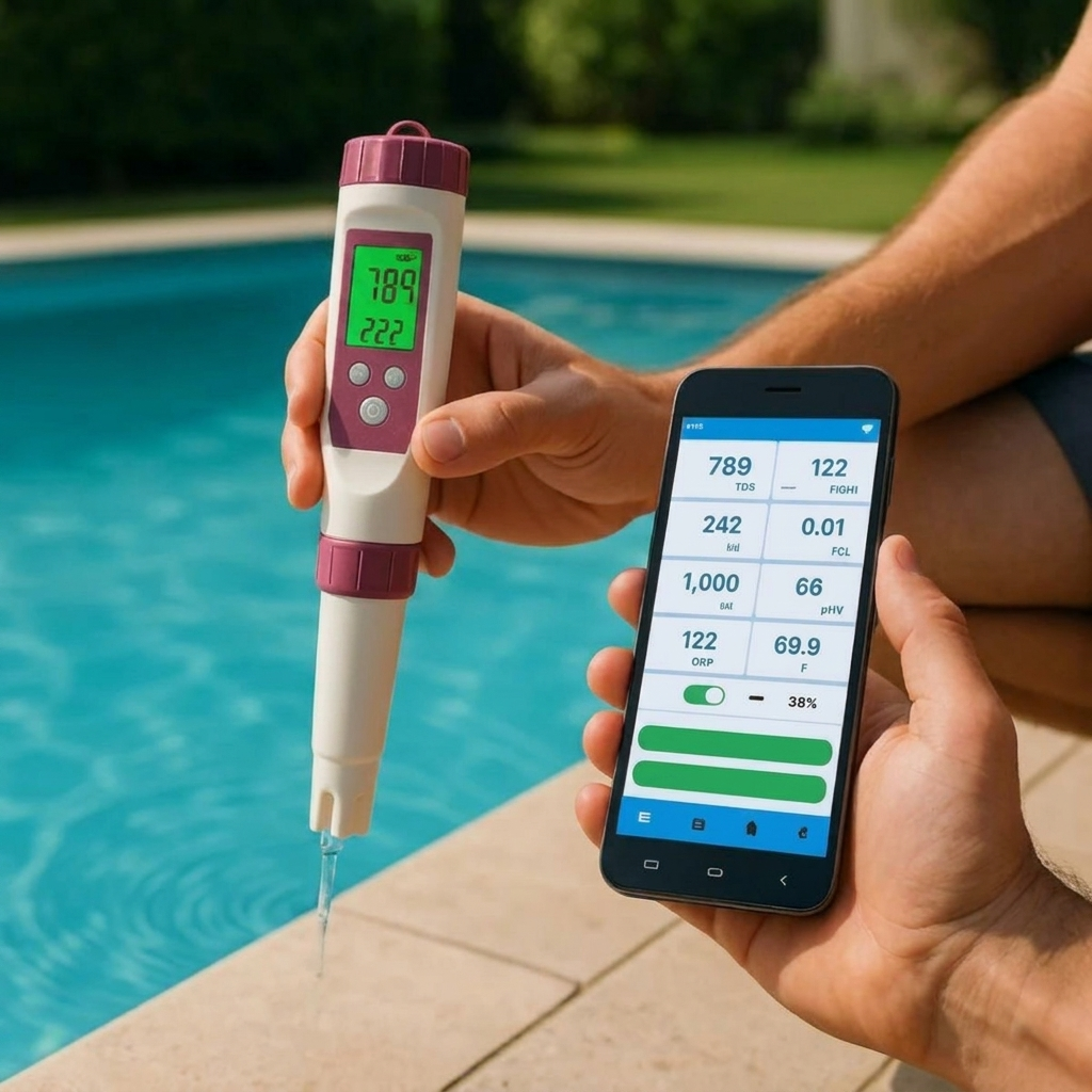 Hand holding digital pool water tester next to smartphone displaying app analysis