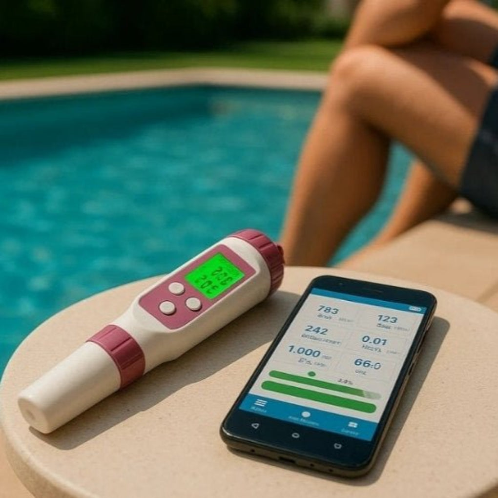 Digital pool water tester resting on poolside table with smartphone app data visible