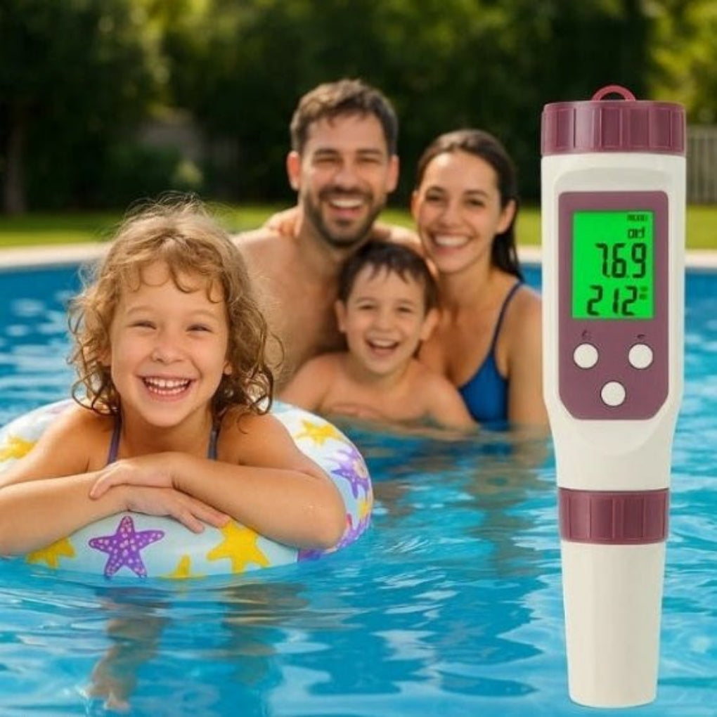 Digital pool water tester displayed with a happy family enjoying swimming pool in the background