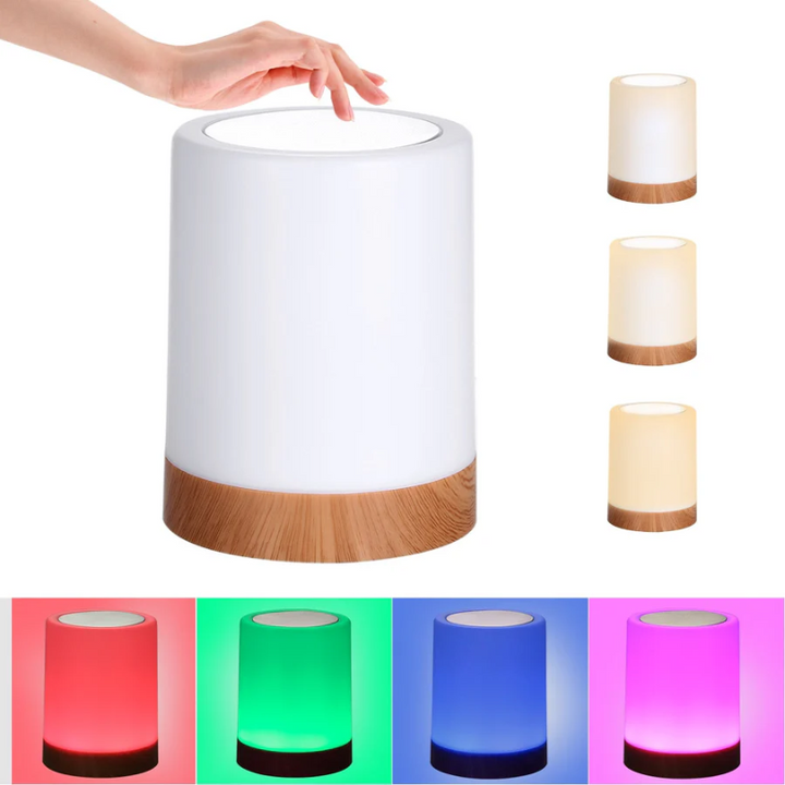 Hand touching modern dimmable night light with color options