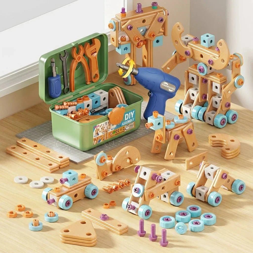 DIY screwdriver playset pieces laid out with toy tools and storage box