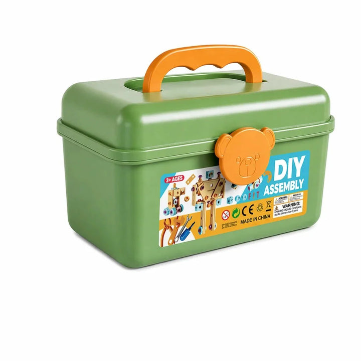 Green storage box with orange handle for the DIY screwdriver playset