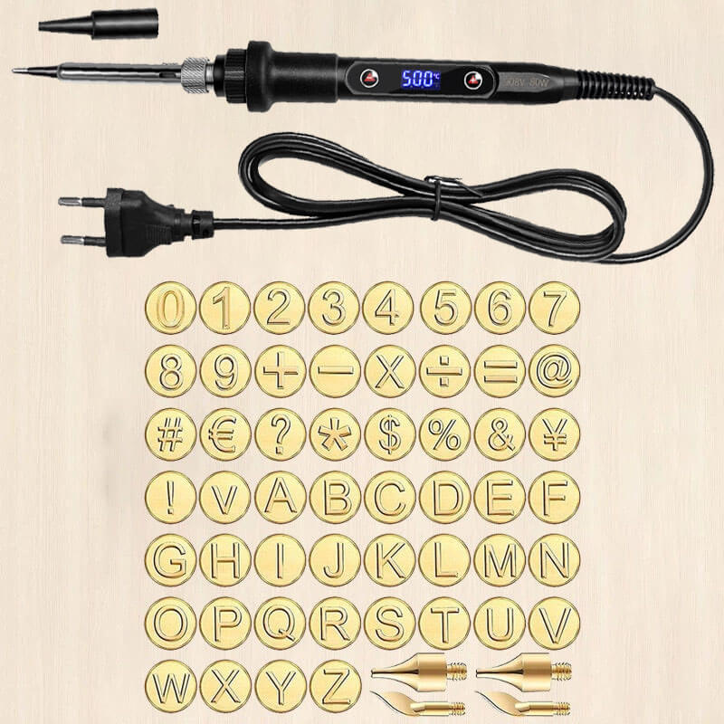 Soldering iron kit with 24 number tips, symbols, and alphabet letters