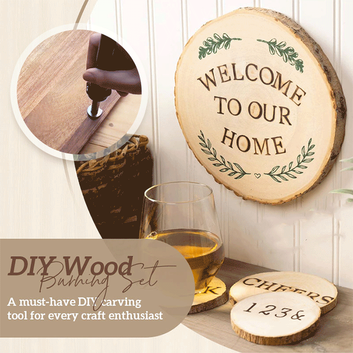 Finished wooden home decor sign and coasters created with the burning tool