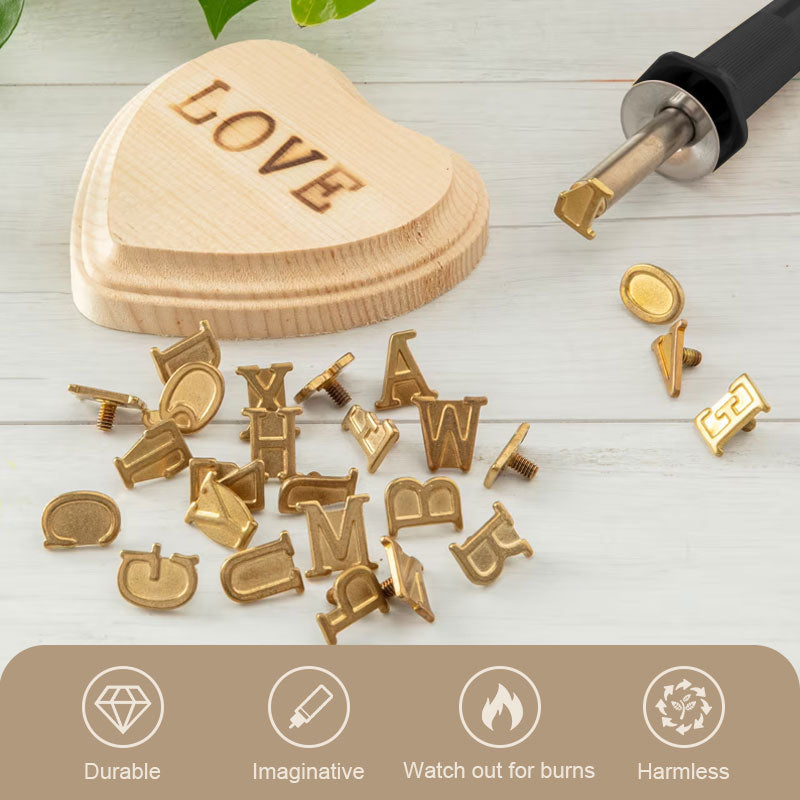 DIY wood burning tool set with interchangeable letter and number stamps for custom engraving