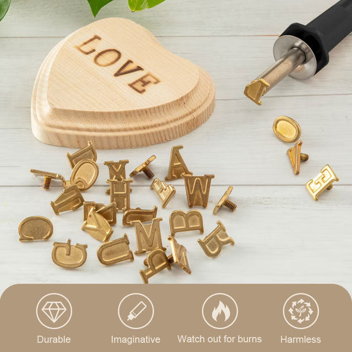 DIY wood burning tool set with interchangeable letter and number stamps for custom engraving