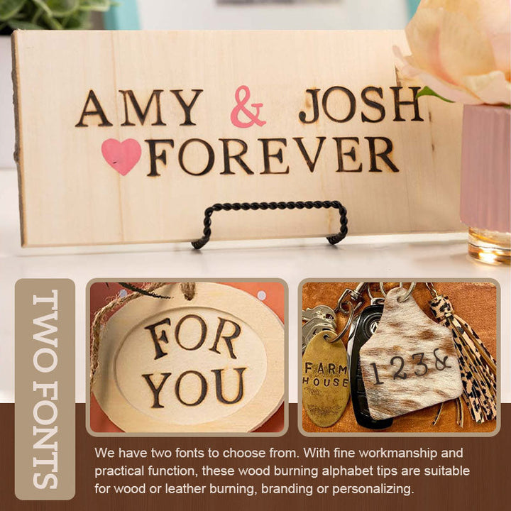 Close up of metal letter and number stamps in the pyrography kit for wood and leather craft