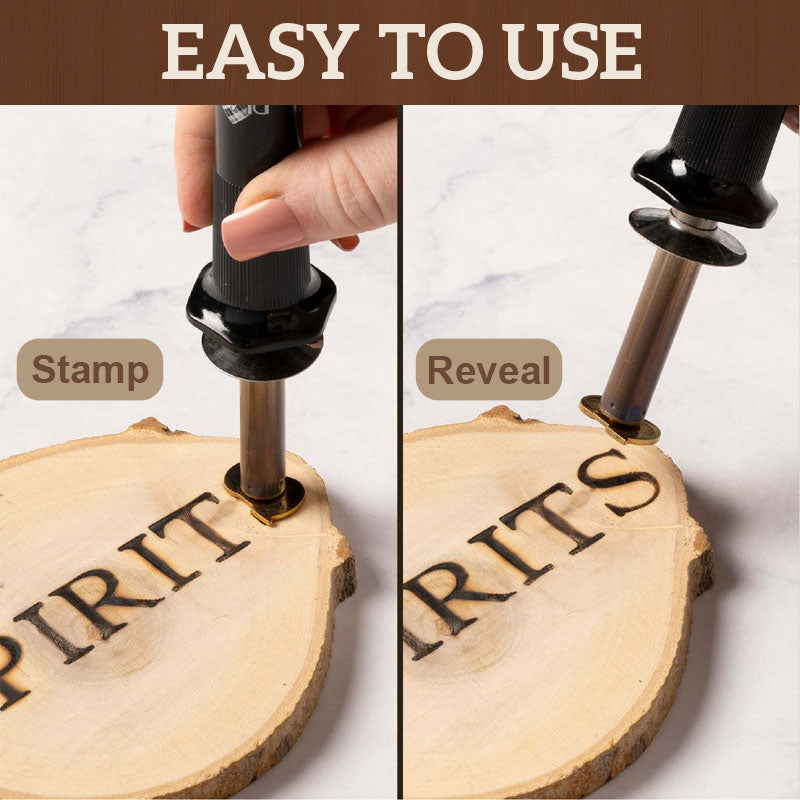 Pyrography kit tips and alphabet stamps arranged neatly for hobbyists and DIY projects