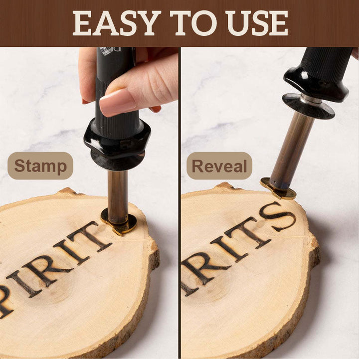 Pyrography kit tips and alphabet stamps arranged neatly for hobbyists and DIY projects