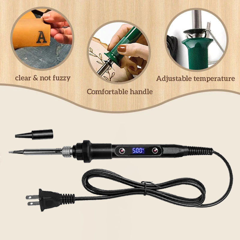 Wood burning and sculpting tool set packaged in a box with all letter and number accessories