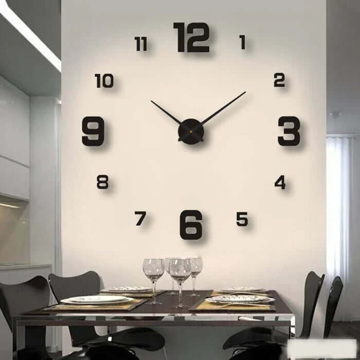 Modern black DIY large wall clock mounted above dining table
