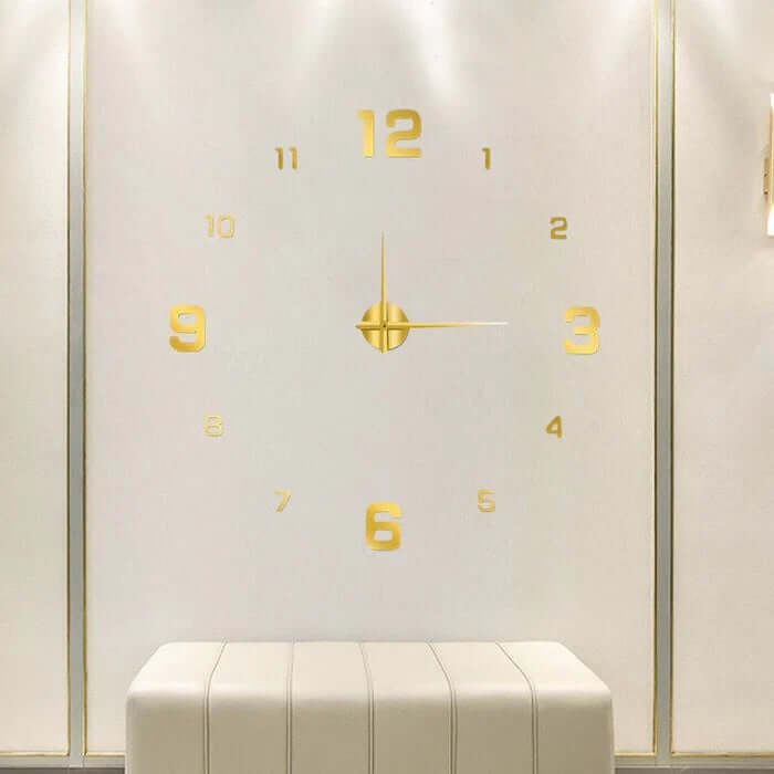 Gold DIY large wall clock mounted on minimalist white wall