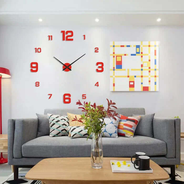 Modern DIY large wall clock mounted in a stylish living room interior design