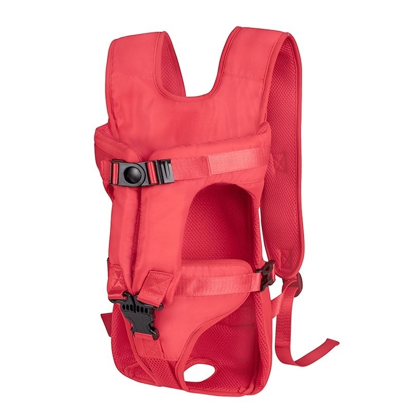 Bright red handsfree dog carrier backpack showing buckles and breathable mesh design