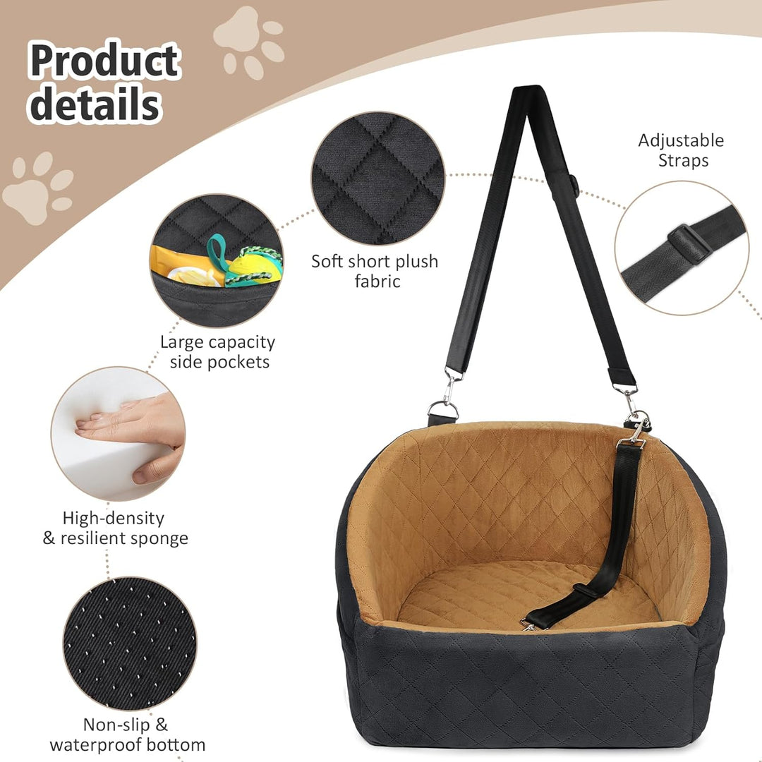 Small dog sitting comfortably inside a plush pet car travel seat