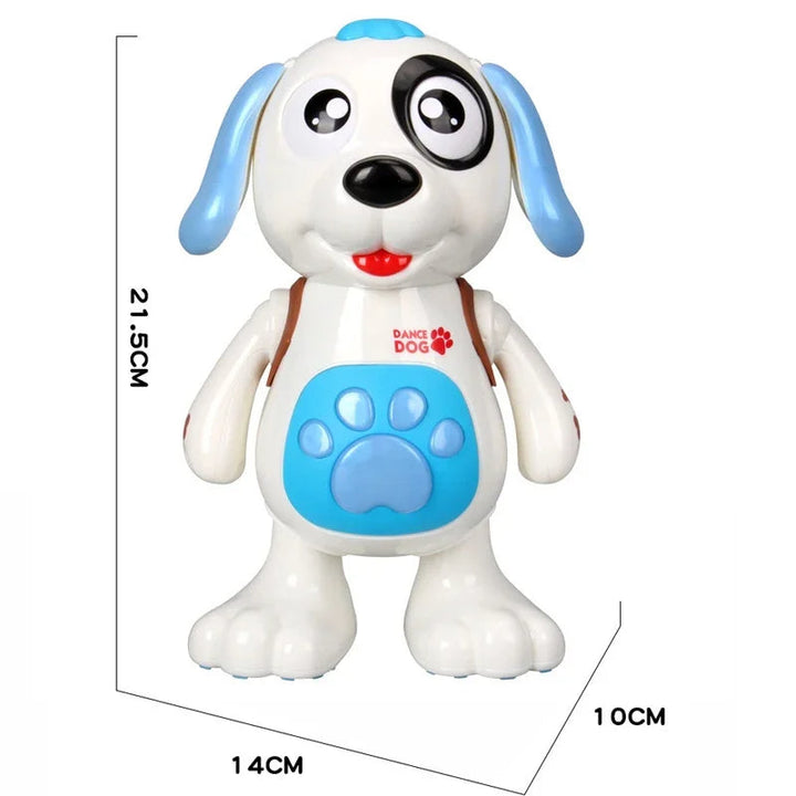 Joyful children playing together with interactive musical robot toy