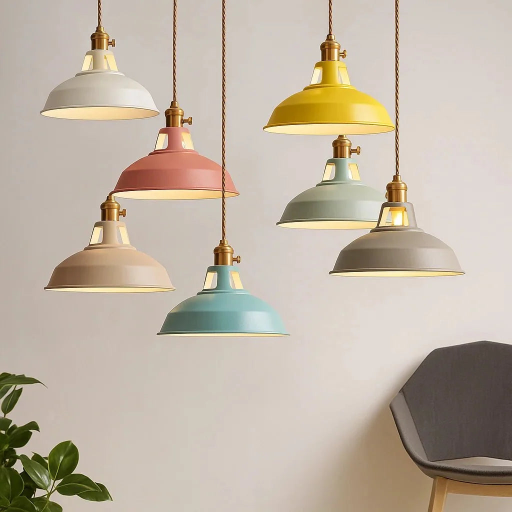 Collection of colorful dome pendant lights displayed together