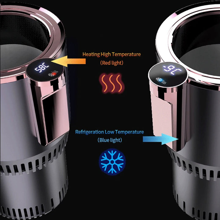 Portable drink cooler and car gadget active in cooling mode inside vehicle cup holder