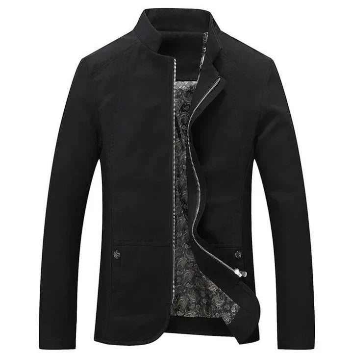 Black men's full zip casual jacket showing front pocket detail