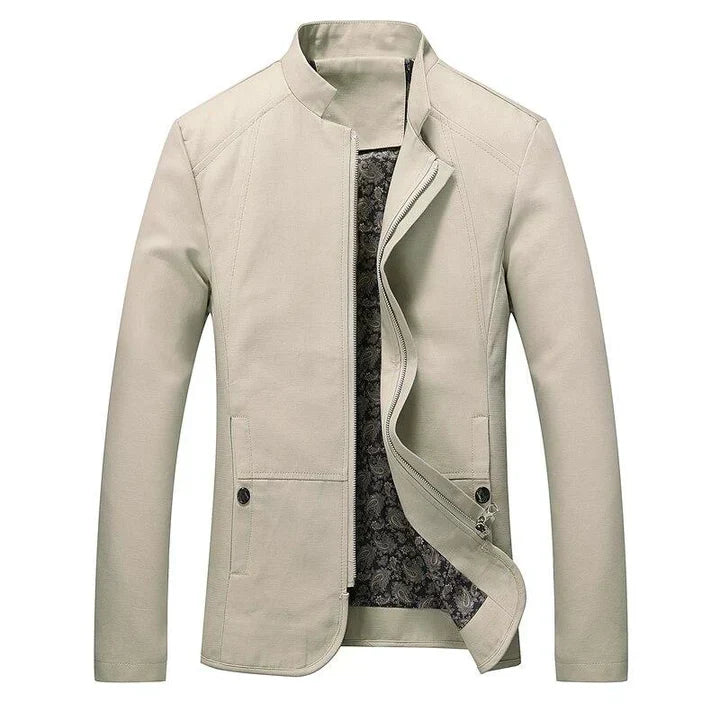 Cream men's full zip casual jacket with stand collar and patterned lining