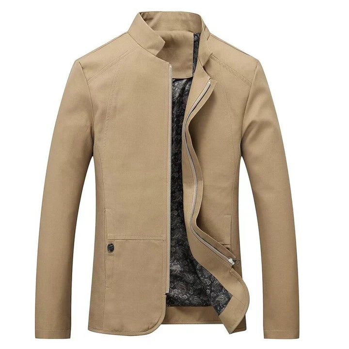 Beige men's full zip casual jacket displayed on a clean background
