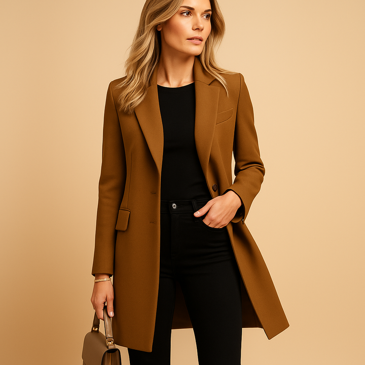 Model wearing a brown fitted long trench coat with classic lapel