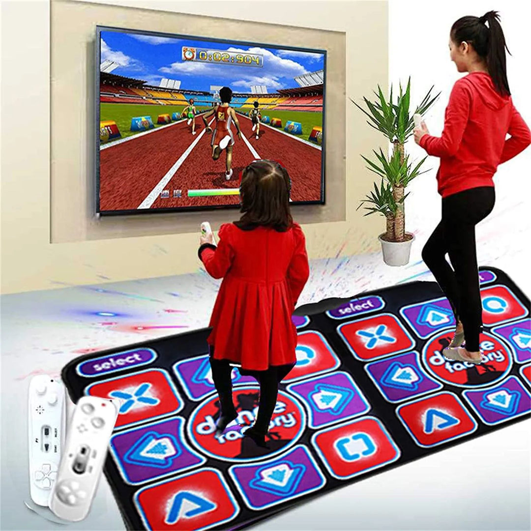 Children playing interactive dance game on dual rhythm mat connected to TV