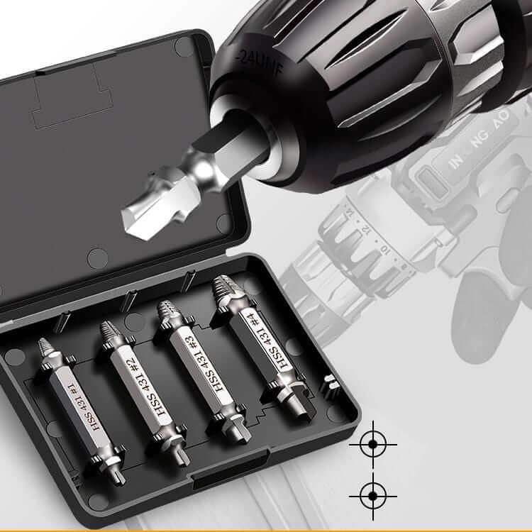 Four-piece damaged screw remover set in black storage case with power drill