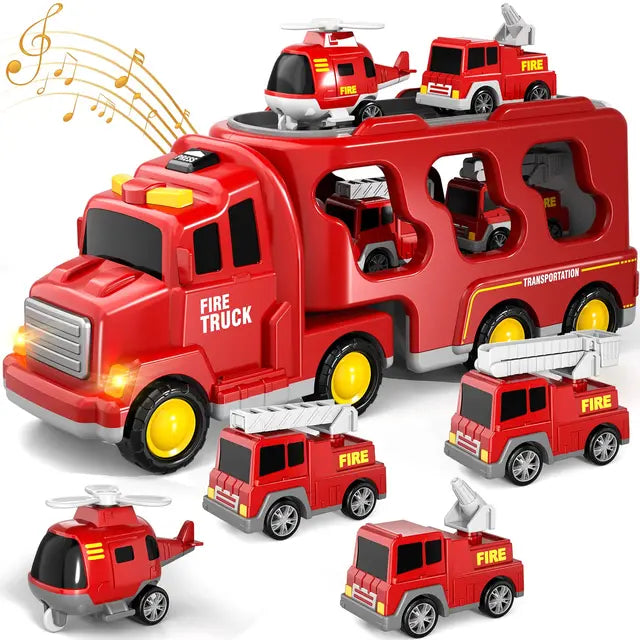 Red double layer transport truck playset with mini fire vehicles and a helicopter