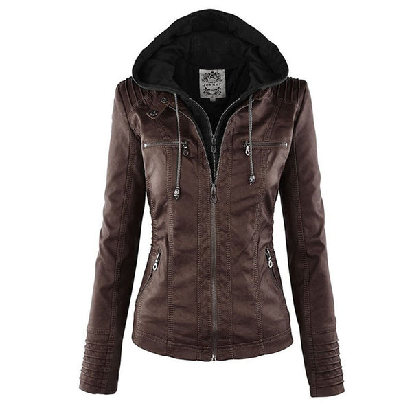 Dark brown women's double-lined hooded jacket front view