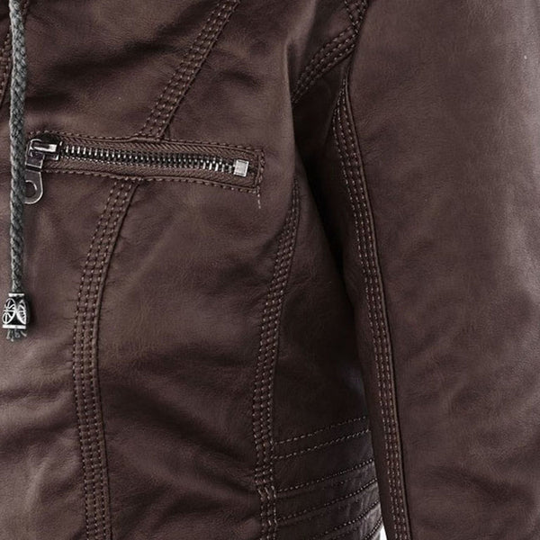 Brown hooded outerwear coat showcasing premium leather texture