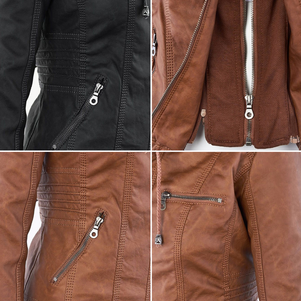 Back view of double-lined hooded leather jacket in black