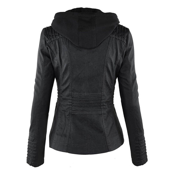 Women's double-lined hooded leather jacket in classic black