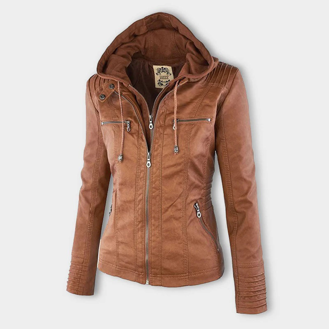 Warm brown double-lined hooded jacket for women side view