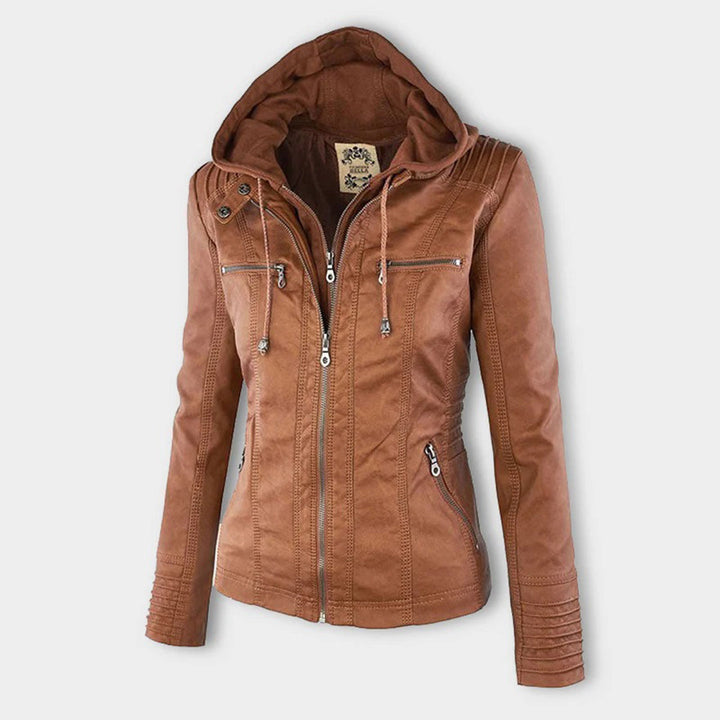 Warm brown double-lined hooded jacket for women side view