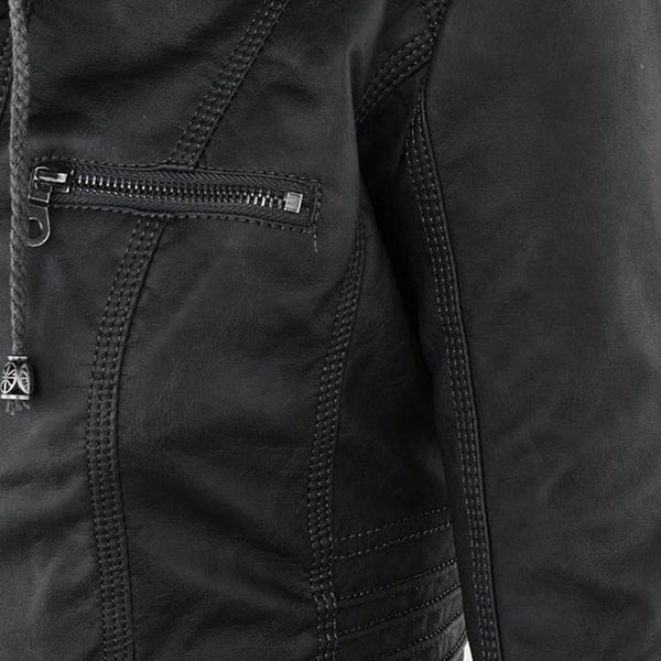Stylish black double-lined hooded jacket featuring deep pockets