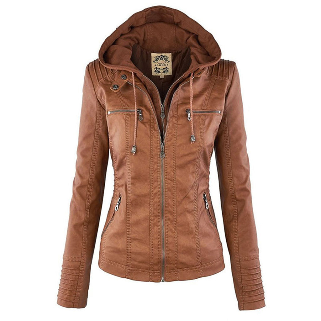 Brown women's double-lined hooded jacket front view