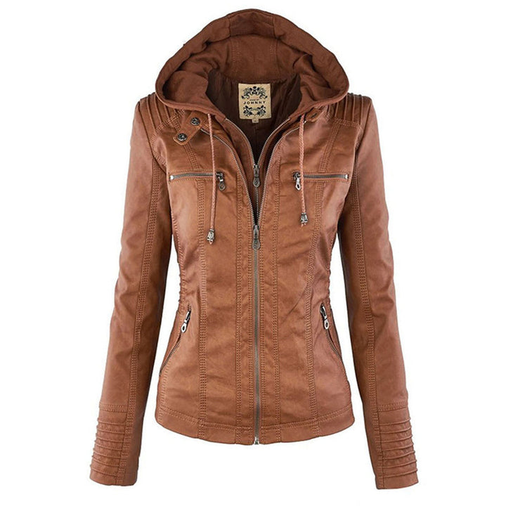 Brown women's double-lined hooded jacket front view