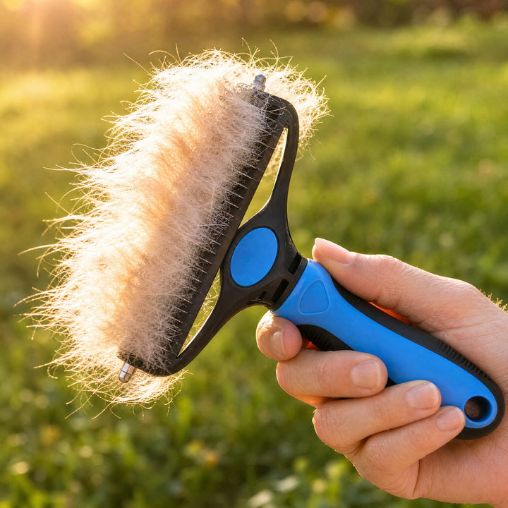 Pet care accessories set featuring the professional double-sided dog dematting brush.