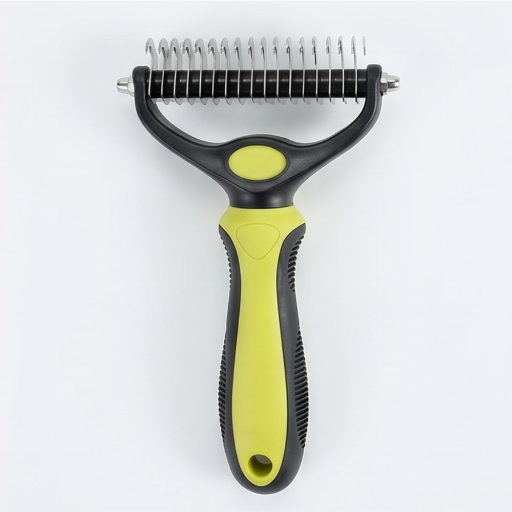 Green double-sided dog grooming rake with ergonomic non-slip handle