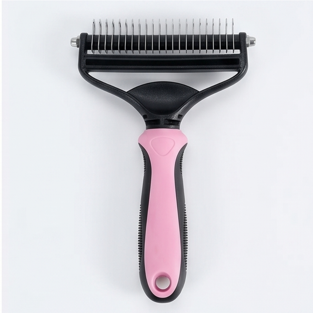 Pink pet undercoat deshedding brush displaying dual-action design