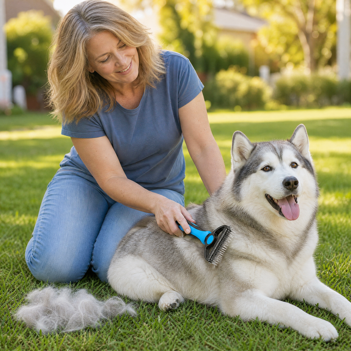 Pet deshedding tool removing undercoat fur, perfect dog hair remover accessory.